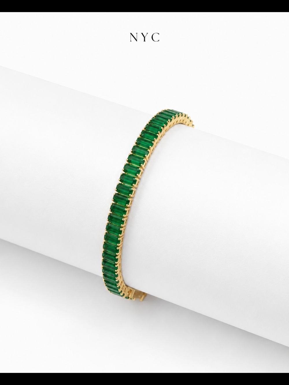 NYC Gold Plated Bracelet with Emerald Green Baguette Stones